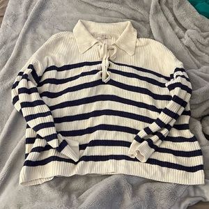 Loft navy & white striped lace-up sweater, size XL